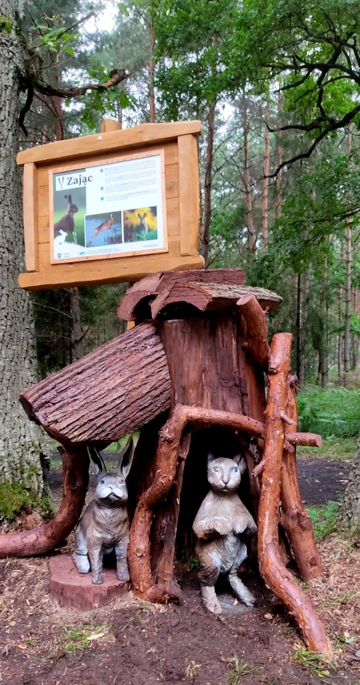 rzeźby zwierząt leśnych przy stanicy myśliwskiej